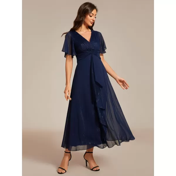 EverPretty Womens Summer Glitter Knot Waist V Neck Ruffles Sleeves Pleated Wedding Guest Dress 02131Navy Blue