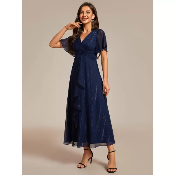 EverPretty Womens Summer Glitter Knot Waist V Neck Ruffles Sleeves Pleated Wedding Guest Dress 02131Navy Blue