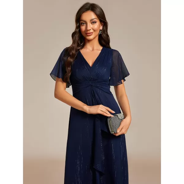 EverPretty Womens Summer Glitter Knot Waist V Neck Ruffles Sleeves Pleated Wedding Guest Dress 02131Navy Blue