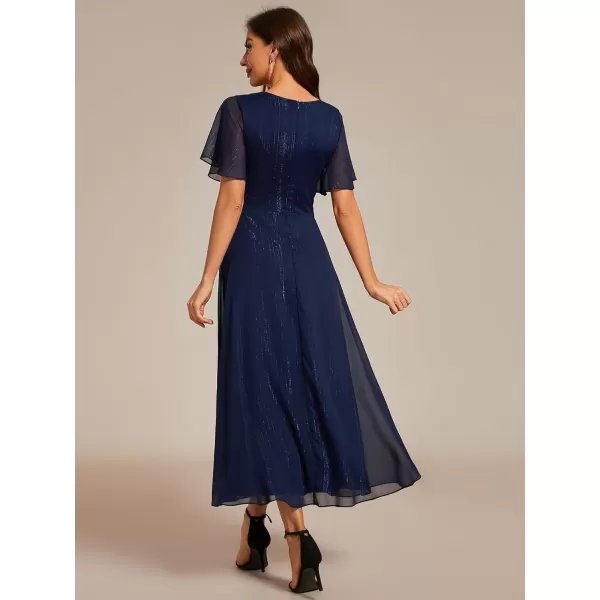 EverPretty Womens Summer Glitter Knot Waist V Neck Ruffles Sleeves Pleated Wedding Guest Dress 02131Navy Blue