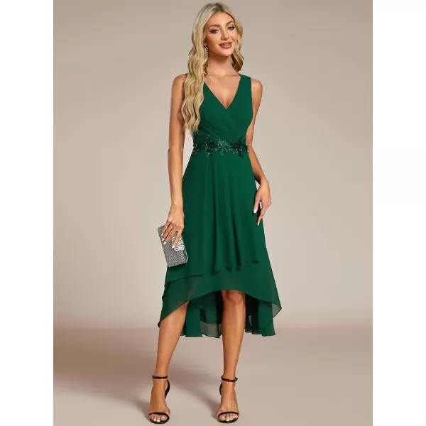 EverPretty Womens Summer High Low Sun Dress Sleeveless V Neck Flowy Ruched Chiffon Formal Dress for Wedding Guest 41926Dark Green