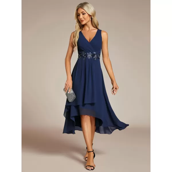 EverPretty Womens Summer High Low Sun Dress Sleeveless V Neck Flowy Ruched Chiffon Formal Dress for Wedding Guest 41926Navy Blue