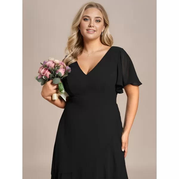 EverPretty Womens Summer V Neck High Low Chiffon Plus Size Curvy Semi Formal Wedding Guest Dresses with Sleeves 1749DAPHBlack