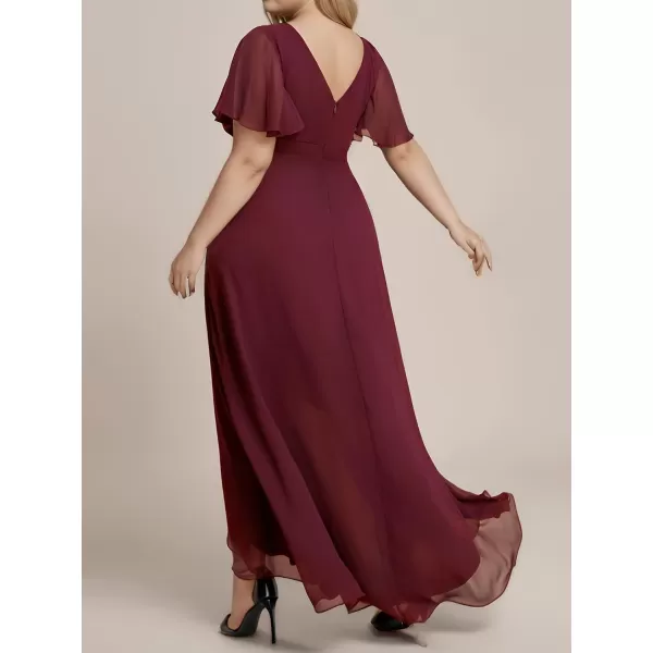 EverPretty Womens Summer V Neck High Low Chiffon Plus Size Curvy Semi Formal Wedding Guest Dresses with Sleeves 1749DAPHBurgundy