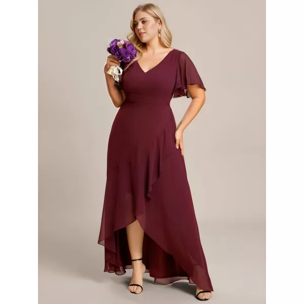 EverPretty Womens Summer V Neck High Low Chiffon Plus Size Curvy Semi Formal Wedding Guest Dresses with Sleeves 1749DAPHBurgundy