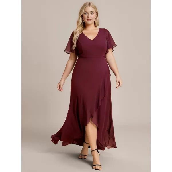 EverPretty Womens Summer V Neck High Low Chiffon Plus Size Curvy Semi Formal Wedding Guest Dresses with Sleeves 1749DAPHBurgundy