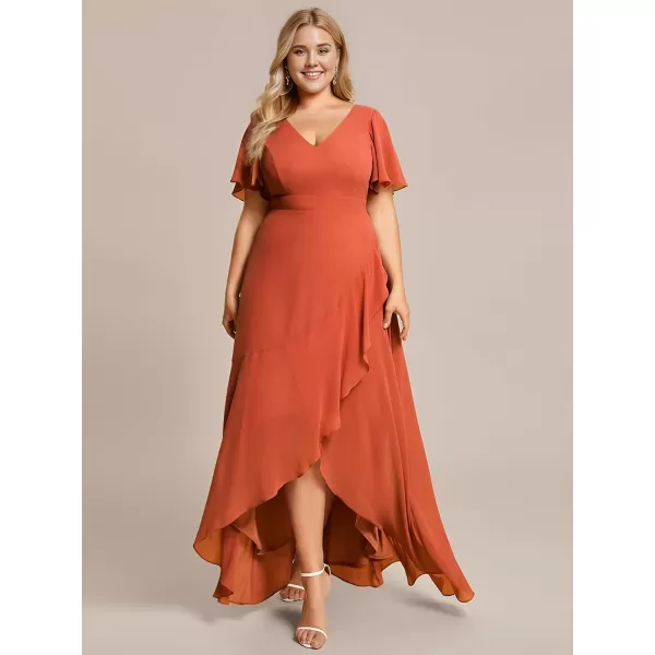 EverPretty Womens Summer V Neck High Low Chiffon Plus Size Curvy Semi Formal Wedding Guest Dresses with Sleeves 1749DAPHBurnt Orange