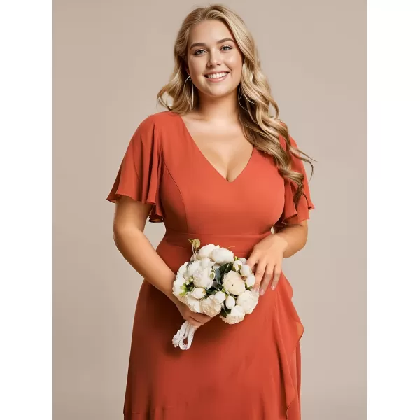 EverPretty Womens Summer V Neck High Low Chiffon Plus Size Curvy Semi Formal Wedding Guest Dresses with Sleeves 1749DAPHBurnt Orange