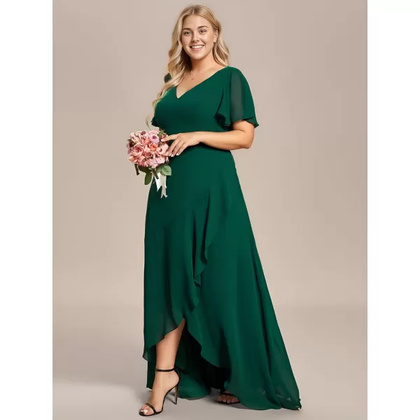 EverPretty Womens Summer V Neck High Low Chiffon Plus Size Curvy Semi Formal Wedding Guest Dresses with Sleeves 1749DAPHDark Green