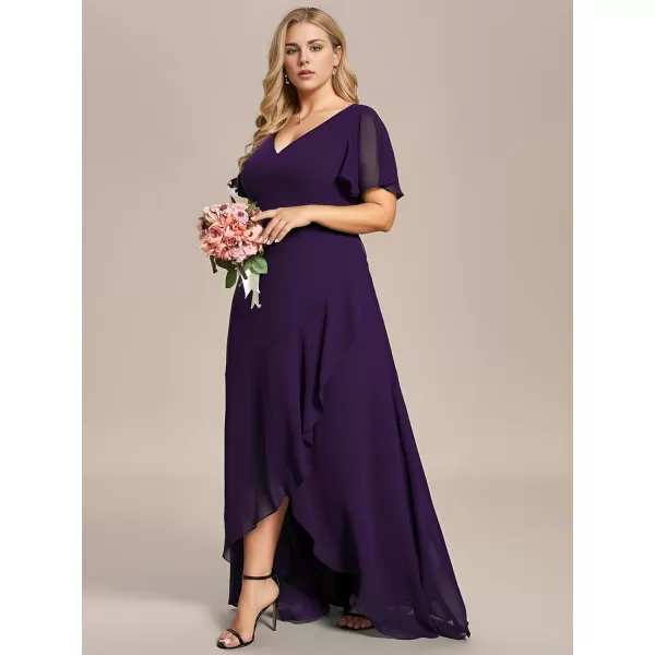 EverPretty Womens Summer V Neck High Low Chiffon Plus Size Curvy Semi Formal Wedding Guest Dresses with Sleeves 1749DAPHDark Purple