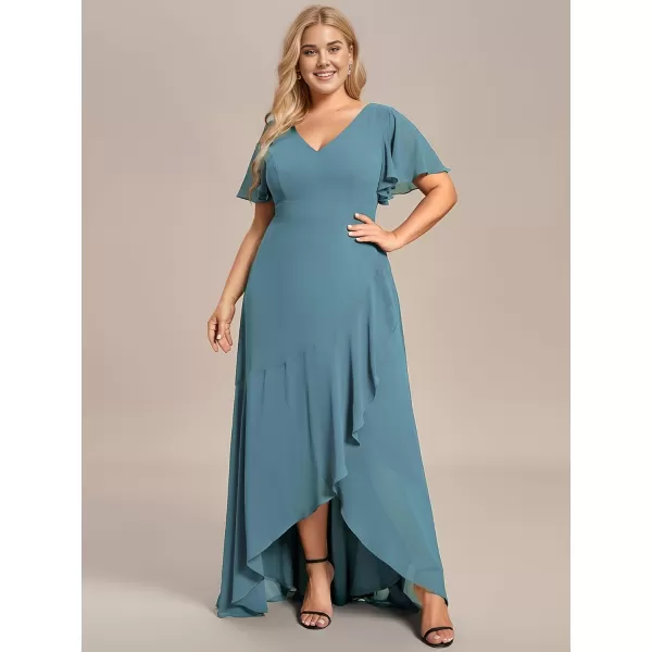 EverPretty Womens Summer V Neck High Low Chiffon Plus Size Curvy Semi Formal Wedding Guest Dresses with Sleeves 1749DAPHDusty Blue