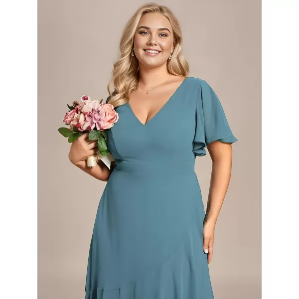 EverPretty Womens Summer V Neck High Low Chiffon Plus Size Curvy Semi Formal Wedding Guest Dresses with Sleeves 1749DAPHDusty Blue