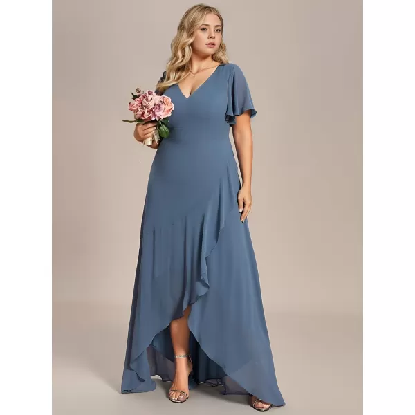 EverPretty Womens Summer V Neck High Low Chiffon Plus Size Curvy Semi Formal Wedding Guest Dresses with Sleeves 1749DAPHDusty Navy