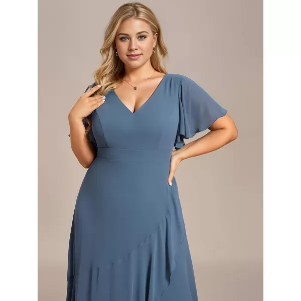 EverPretty Womens Summer V Neck High Low Chiffon Plus Size Curvy Semi Formal Wedding Guest Dresses with Sleeves 1749DAPHDusty Navy