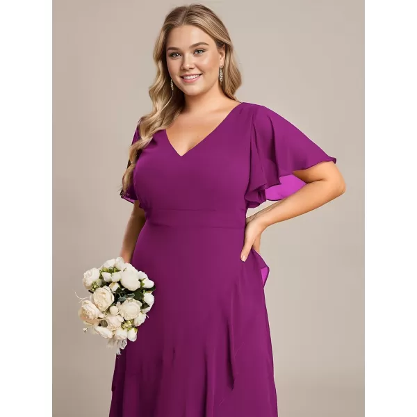 EverPretty Womens Summer V Neck High Low Chiffon Plus Size Curvy Semi Formal Wedding Guest Dresses with Sleeves 1749DAPHFuchsia