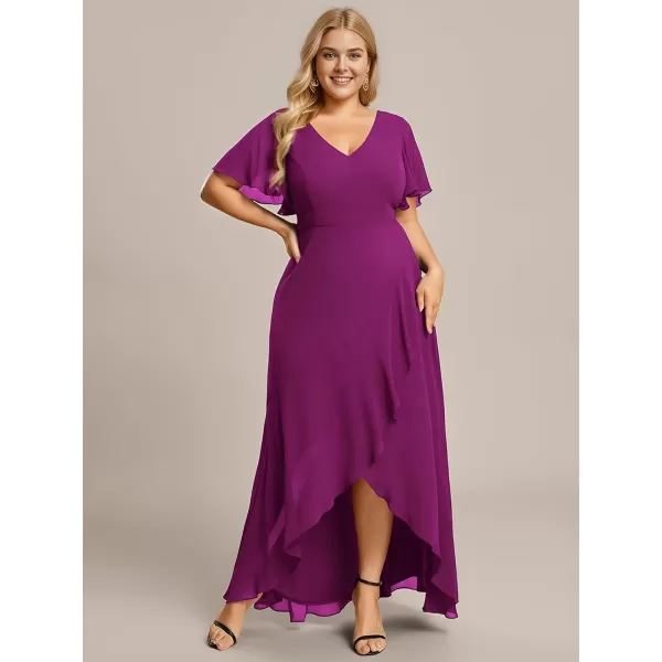 EverPretty Womens Summer V Neck High Low Chiffon Plus Size Curvy Semi Formal Wedding Guest Dresses with Sleeves 1749DAPHFuchsia