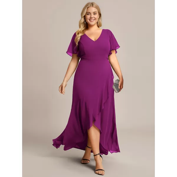 EverPretty Womens Summer V Neck High Low Chiffon Plus Size Curvy Semi Formal Wedding Guest Dresses with Sleeves 1749DAPHFuchsia