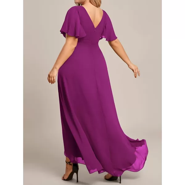 EverPretty Womens Summer V Neck High Low Chiffon Plus Size Curvy Semi Formal Wedding Guest Dresses with Sleeves 1749DAPHFuchsia