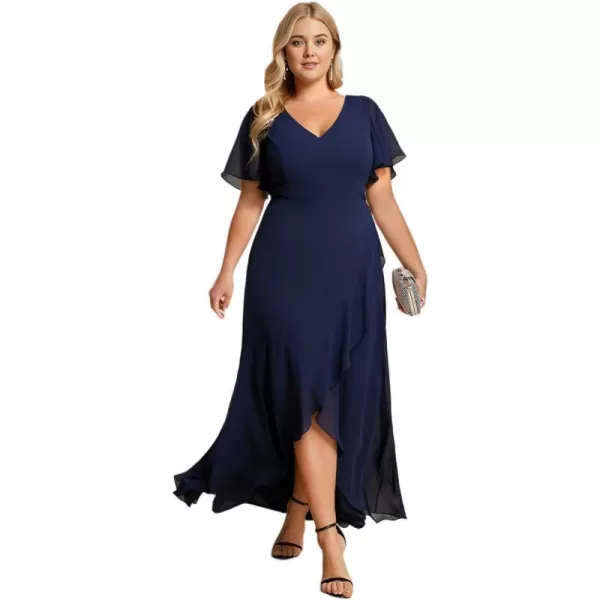 EverPretty Womens Summer V Neck High Low Chiffon Plus Size Curvy Semi Formal Wedding Guest Dresses with Sleeves 1749DAPHNavy