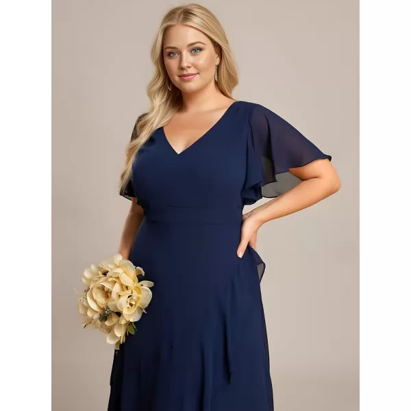 EverPretty Womens Summer V Neck High Low Chiffon Plus Size Curvy Semi Formal Wedding Guest Dresses with Sleeves 1749DAPHNavy