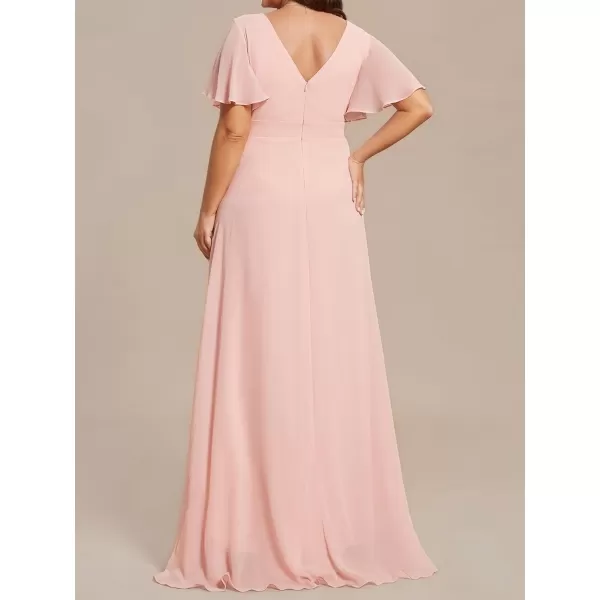 EverPretty Womens Summer V Neck High Low Chiffon Plus Size Curvy Semi Formal Wedding Guest Dresses with Sleeves 1749DAPHPink