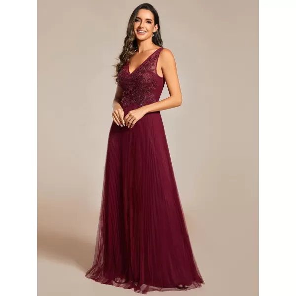 EverPretty Womens Trendy Tulle V Neck Appliques Pleated Evening Dresses 01983Burgundy