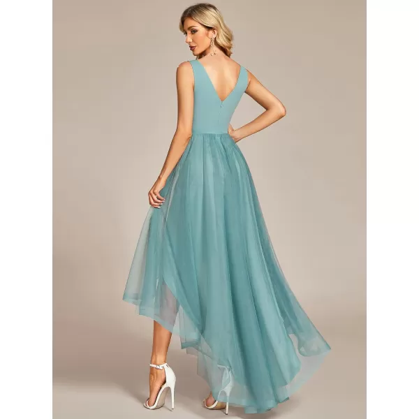 EverPretty Womens Tulle HighLow VNeck Pleated Summer Prom Dress with Beaded 01769Dusty Blue