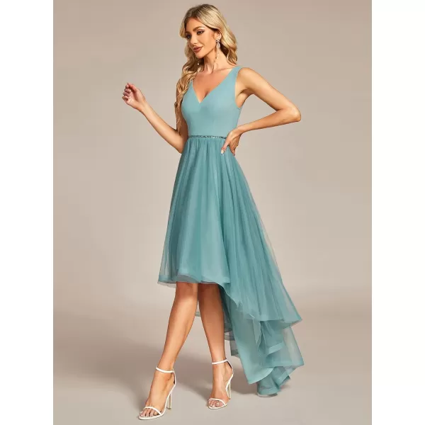 EverPretty Womens Tulle HighLow VNeck Pleated Summer Prom Dress with Beaded 01769Dusty Blue