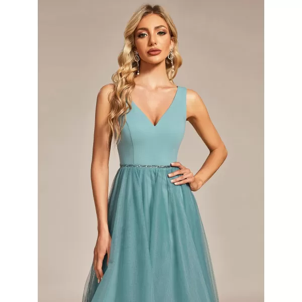 EverPretty Womens Tulle HighLow VNeck Pleated Summer Prom Dress with Beaded 01769Dusty Blue