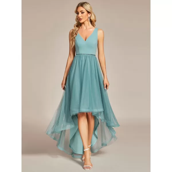 EverPretty Womens Tulle HighLow VNeck Pleated Summer Prom Dress with Beaded 01769Dusty Blue