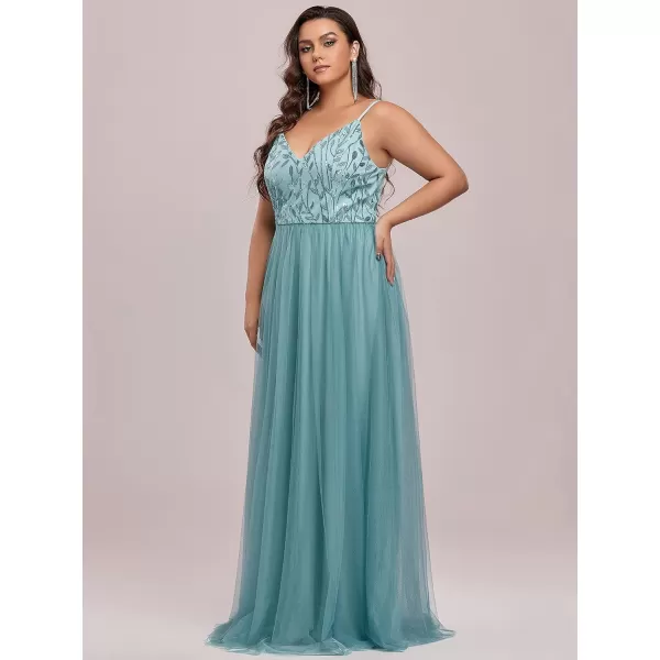 EverPretty Womens Tulle V Neck Embroidery Plus Size Sequin Evening Dresses 50090Demin Blue