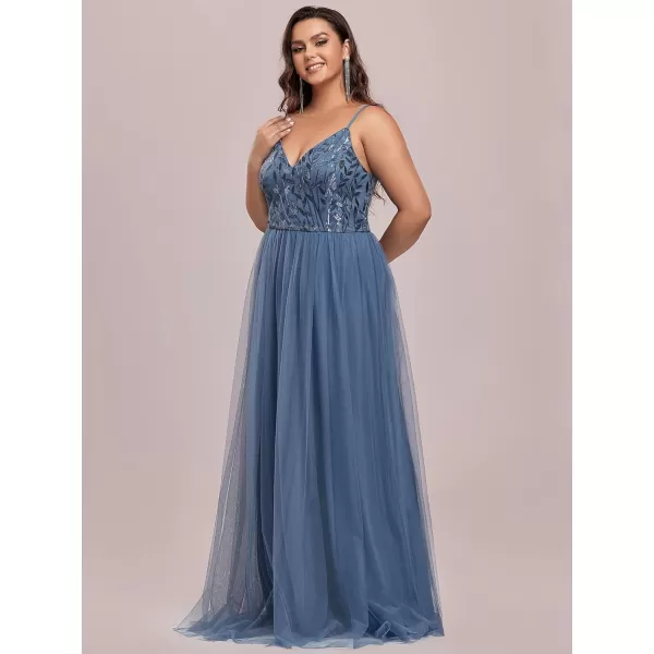 EverPretty Womens Tulle V Neck Embroidery Plus Size Sequin Evening Dresses 50090Haze Blue