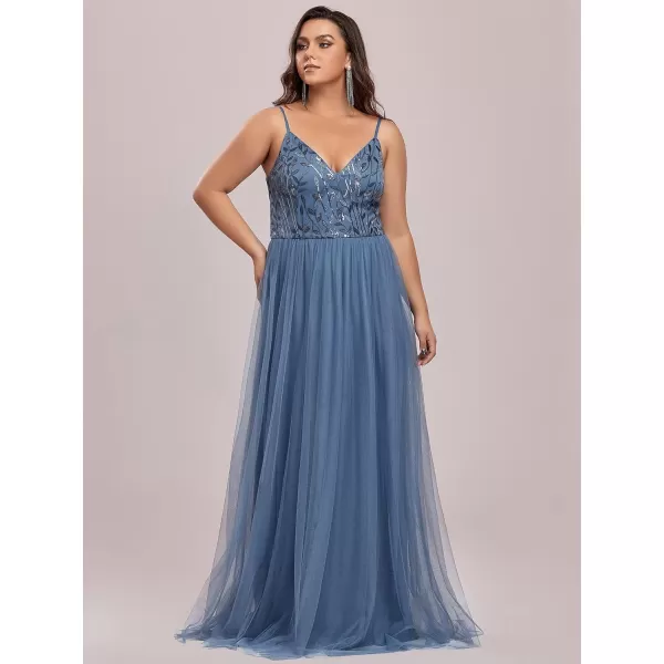 EverPretty Womens Tulle V Neck Embroidery Plus Size Sequin Evening Dresses 50090Haze Blue