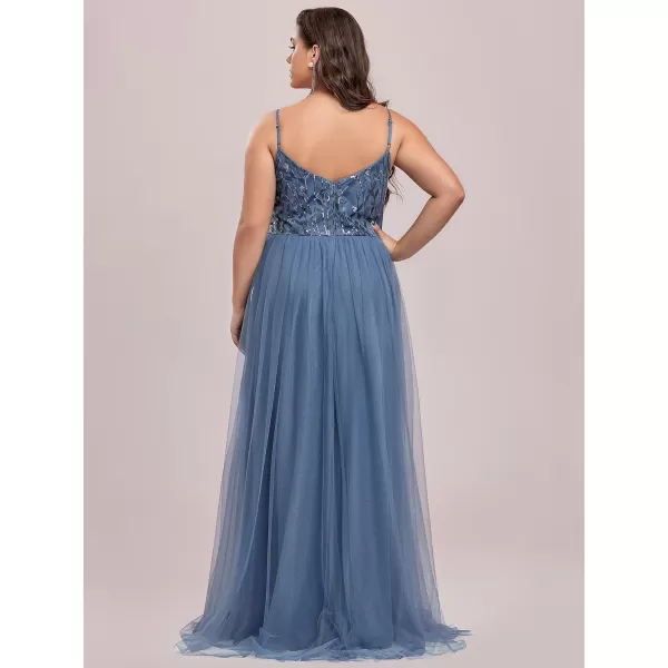 EverPretty Womens Tulle V Neck Embroidery Plus Size Sequin Evening Dresses 50090Haze Blue