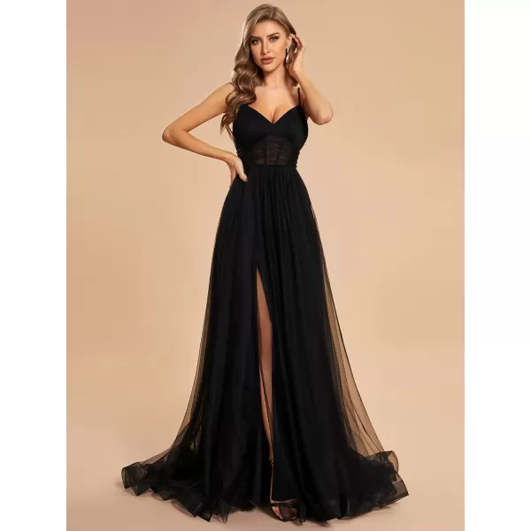 EverPretty Womens Tulle V Neck Sleeveless A Line Split Floor Length Evening Dresses 01656Black