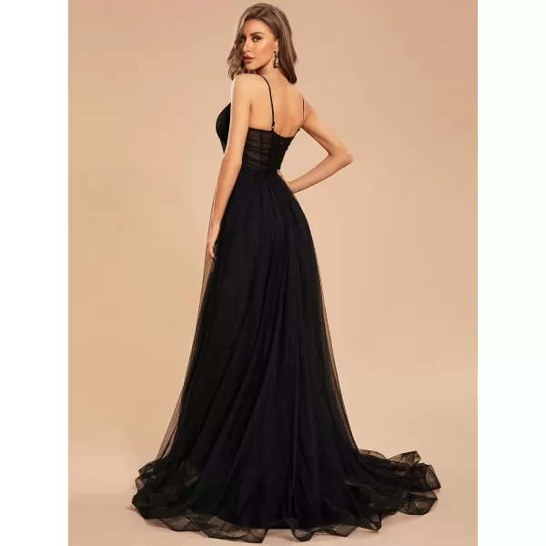 EverPretty Womens Tulle V Neck Sleeveless A Line Split Floor Length Evening Dresses 01656Black