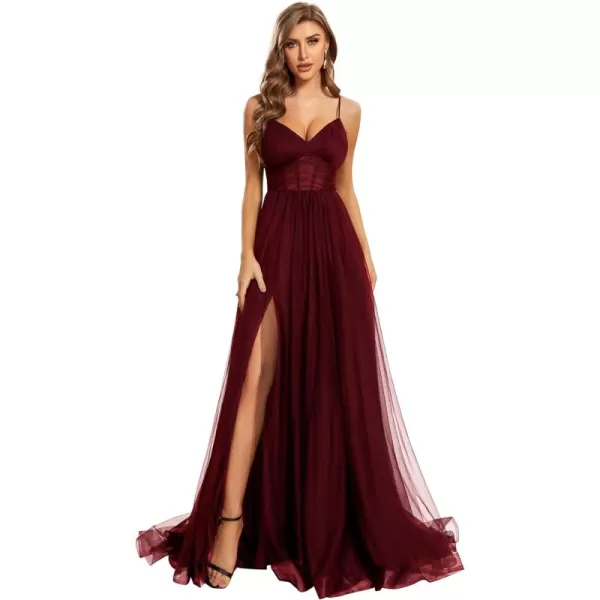 EverPretty Womens Tulle V Neck Sleeveless A Line Split Floor Length Evening Dresses 01656Burgundy