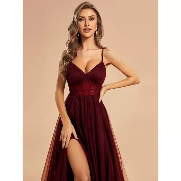 EverPretty Womens Tulle V Neck Sleeveless A Line Split Floor Length Evening Dresses 01656Burgundy