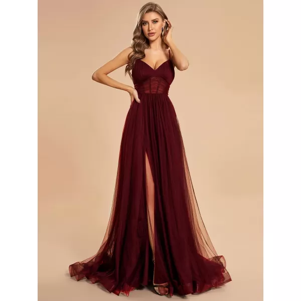 EverPretty Womens Tulle V Neck Sleeveless A Line Split Floor Length Evening Dresses 01656Burgundy