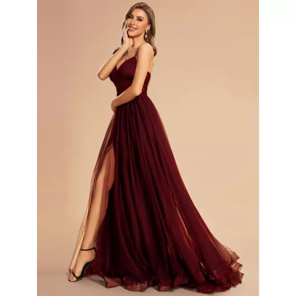 EverPretty Womens Tulle V Neck Sleeveless A Line Split Floor Length Evening Dresses 01656Burgundy