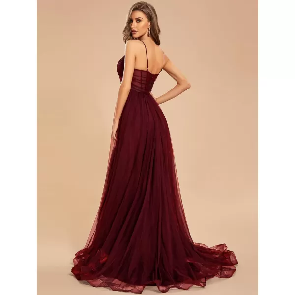 EverPretty Womens Tulle V Neck Sleeveless A Line Split Floor Length Evening Dresses 01656Burgundy