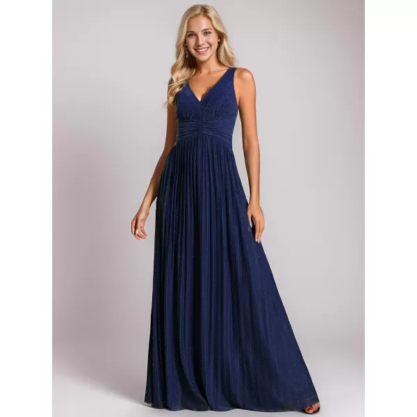 EverPretty Womens V Neck A Line High Waist Glitter Pleated Maxi Prom DressBnavy Blue