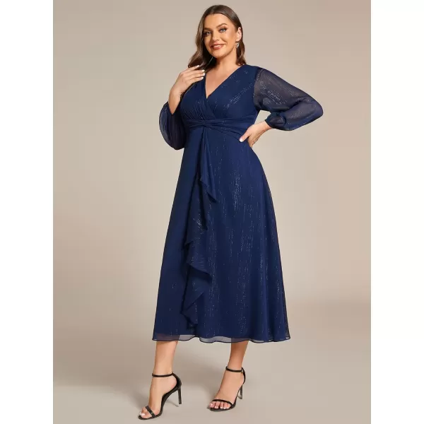 EverPretty Womens V Neck A Line Pleated Tea Length Plus Size Midi Semi Fromal Dress 01977DANavy Blue