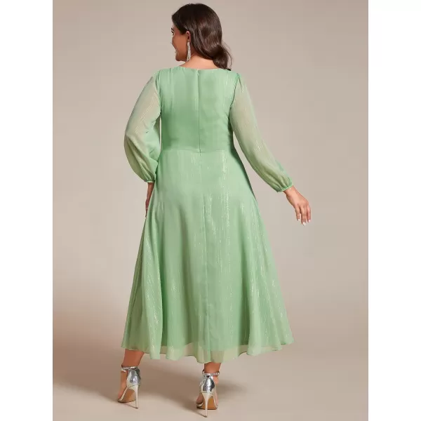 EverPretty Womens V Neck A Line Pleated Tea Length Plus Size Midi Semi Fromal Dress 01977DASummer Green