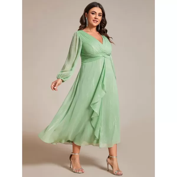 EverPretty Womens V Neck A Line Pleated Tea Length Plus Size Midi Semi Fromal Dress 01977DASummer Green