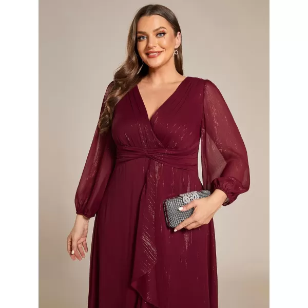 EverPretty Womens V Neck A Line Ruched Plus Size Midi Wedding Guest Dresses with Sleeves 01977DABurgundy