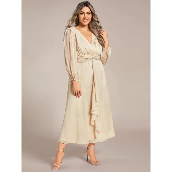 EverPretty Womens V Neck A Line Ruched Plus Size Midi Wedding Guest Dresses with Sleeves 01977DAChampagne