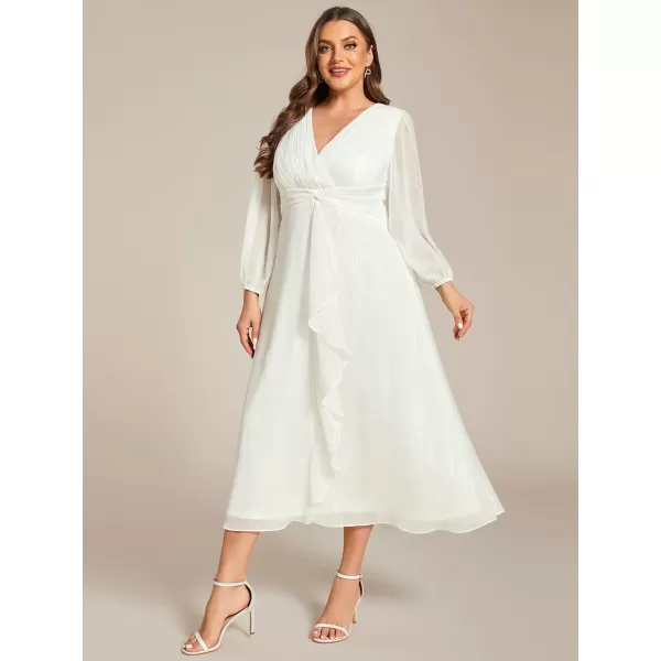 EverPretty Womens V Neck A Line Ruched Plus Size Midi Wedding Guest Dresses with Sleeves 01977DACream