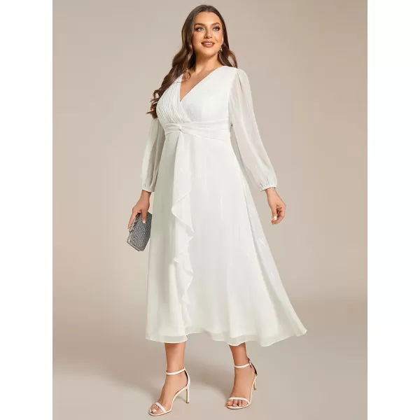 EverPretty Womens V Neck A Line Ruched Plus Size Midi Wedding Guest Dresses with Sleeves 01977DACream