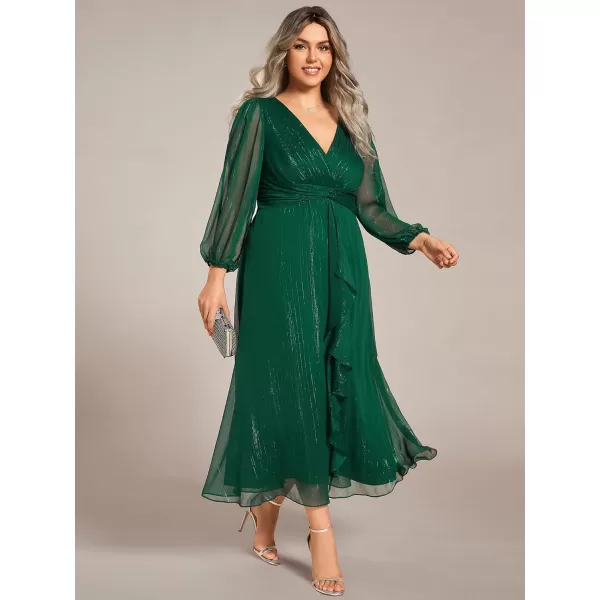 EverPretty Womens V Neck A Line Ruched Plus Size Midi Wedding Guest Dresses with Sleeves 01977DADark Green